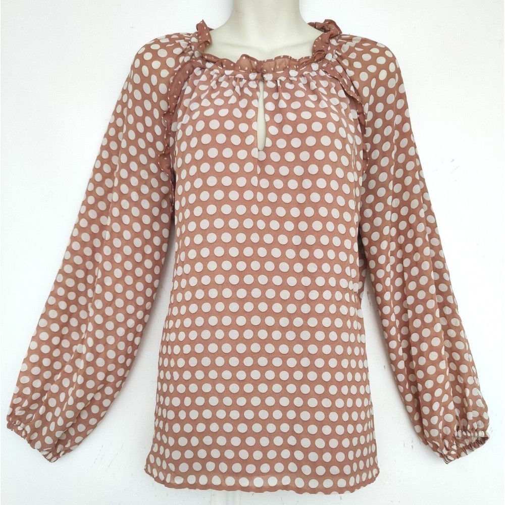 Rose + Olive Dusty Rose Pink Sheer Polka Dot Blouse Fully Lined SZ LARGE